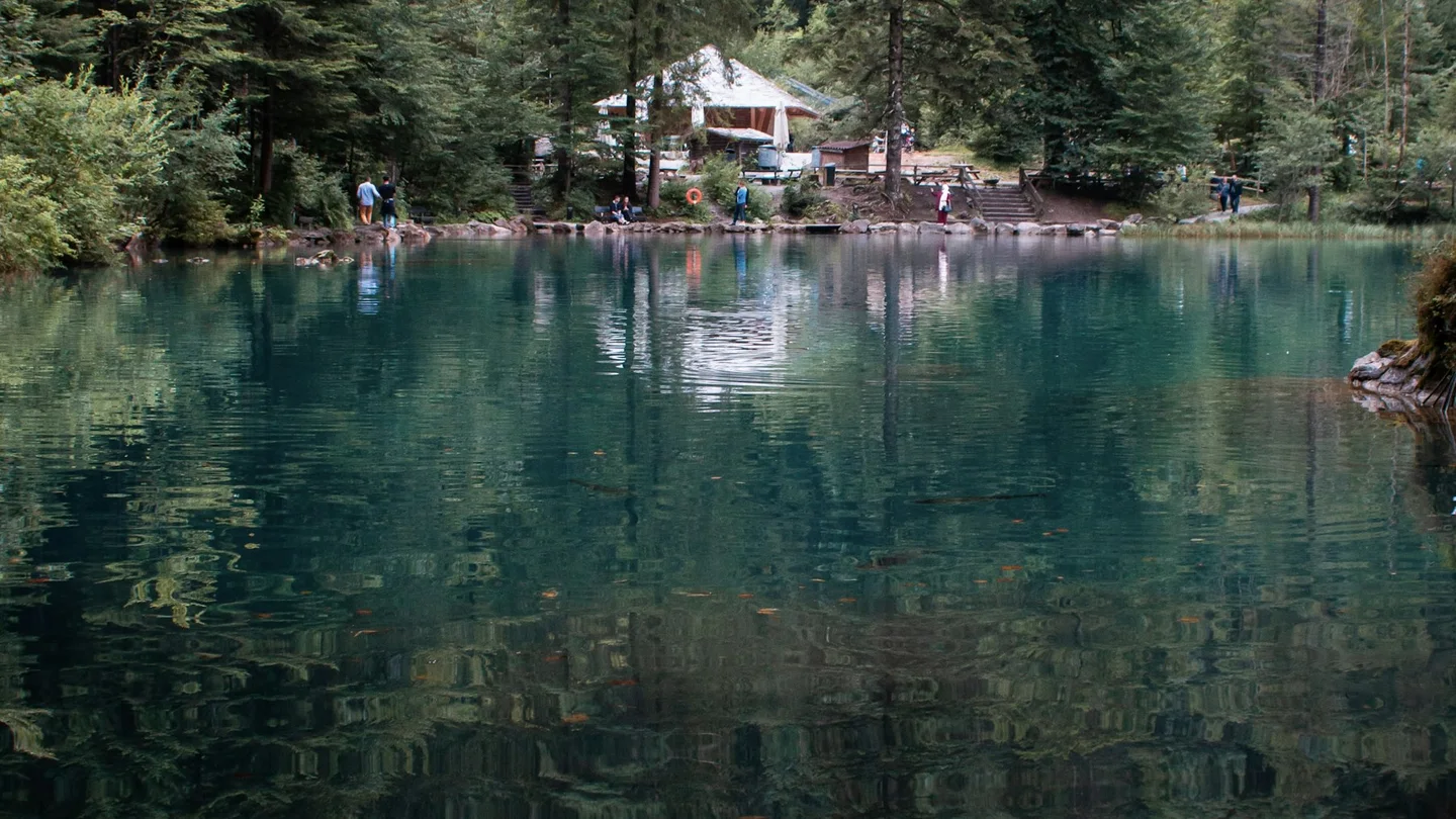Clear blue water and trees at Blausee